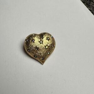 Vintage Weiss Blue Aurora Borealis Rhinestone Heart Gold Tone Brooch Pin Signed